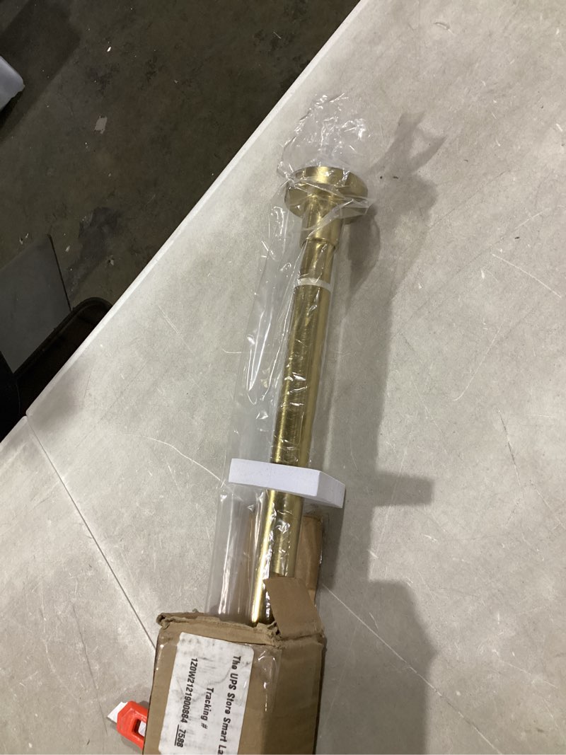 Condition photo showing As Is for shower curtain rod tension- no drill non-slip spring tension shower rod for window or bathroom, 54-90 inches metal steel, gold 54-90 inches gold