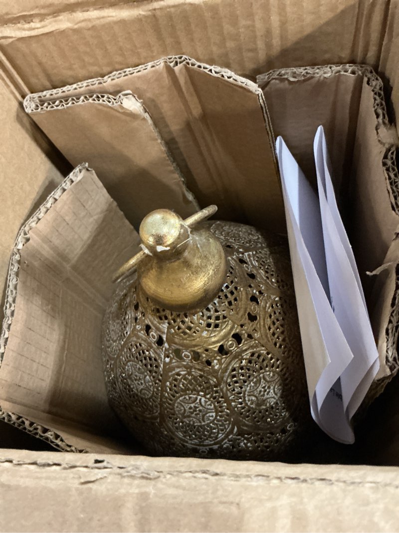 Condition photo showing Good Condition for moroccan mosaic table lamp metal turkish moroccan handmade mosaic bedside lamp vintage nightstand lamp for bedroom living room home decor, size 11" h x7.5 d gold small