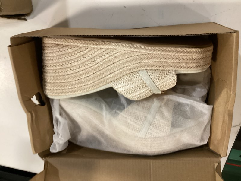 Condition photo showing Good Condition for women's open toe wedge espadrilles sandals chain slip on slides platform heeled sandal summer shoes 9.5 beige