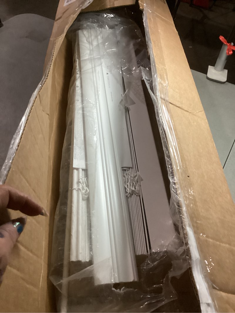 Condition photo showing Good Condition for levolor basics cordless light filtering faux wood blinds, easy to install 2” blinds for windows, timeless look, fits up to 23” width and 64” length, home solution for any space or room 23"w x 64"h white 1