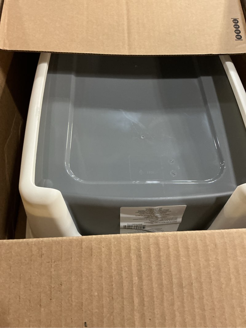 Condition photo showing As Is for amazon basics large cat litter box with high sides, open top, includes scoop, 19 x 15 x 11.75 inches, grey/beige