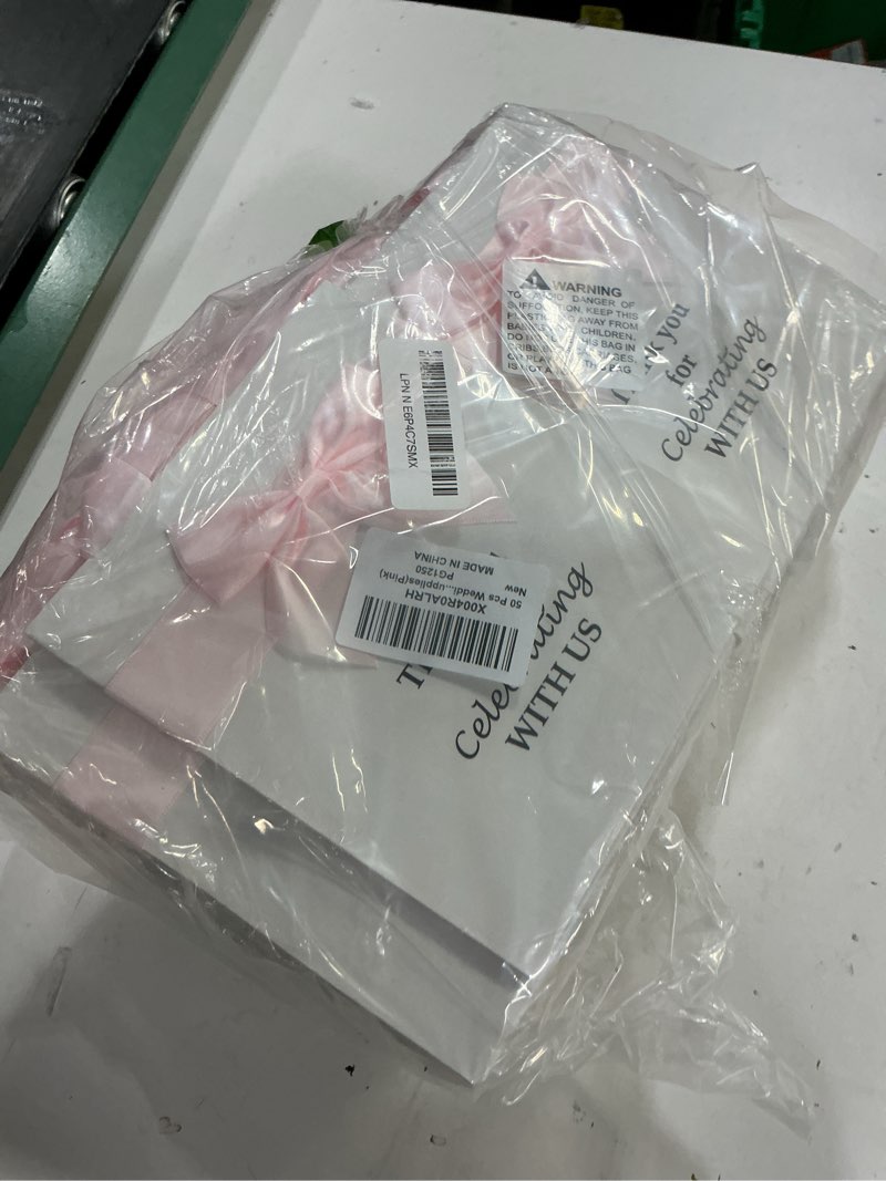 Condition photo showing New/Like New for 50 pcs wedding gift bags bulk with bow ribbon handles 6.2x7.2x2.5 inch wedding favor bag thank you gift bags bridesmaid bags for valentine bridal shower baby shower birthday supplies(pink)