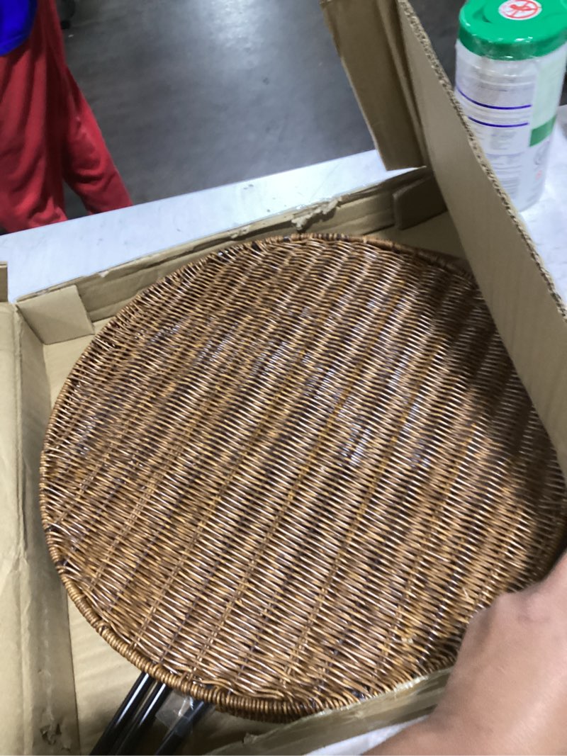 Condition photo showing As Is for brown small round end table, 19in rattan end tables, wicker rattan side table, round sofa side table, indoor outdoor side tables for patio, living room bedroom office 19"d x 19"w x 19.75"h