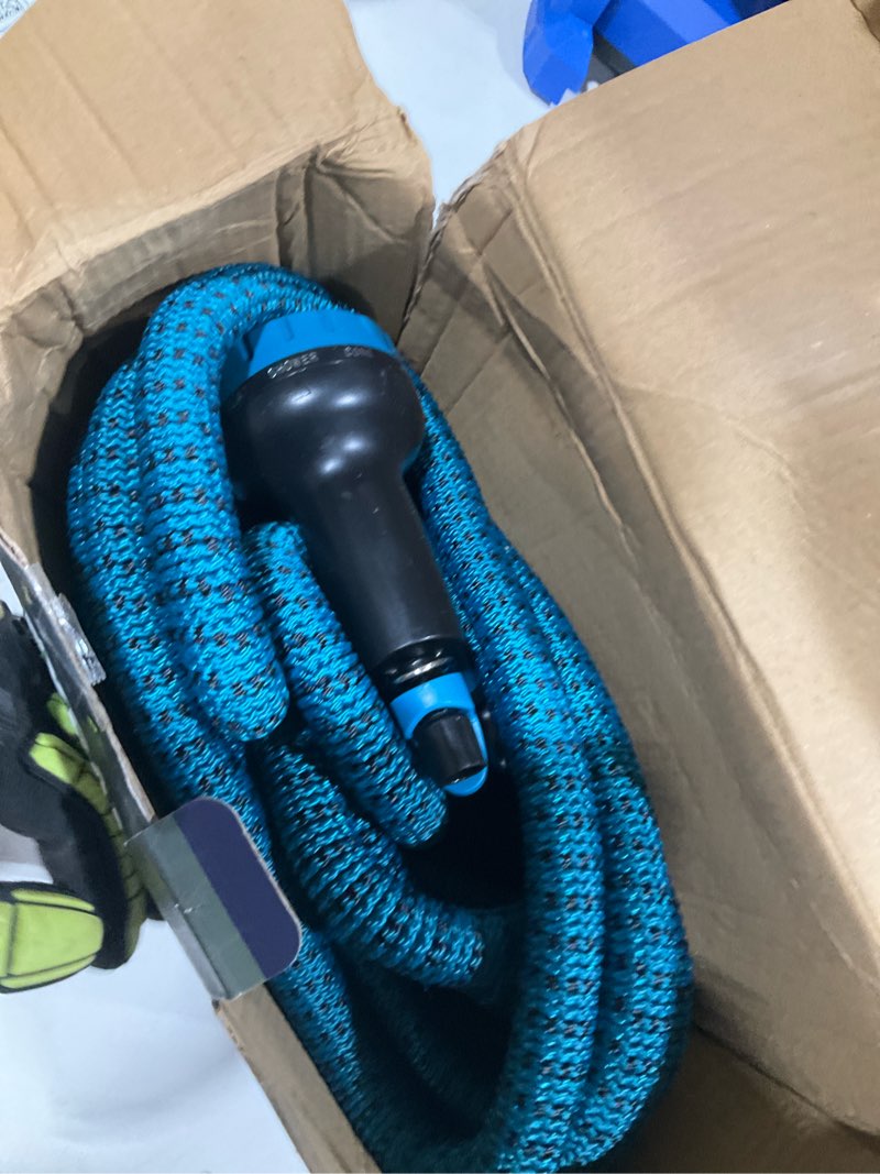 Condition photo showing Good Condition for 100ft garden hose, lightweight flexible water hose, 5/8" kink free leak proof hose, heavy duty 96-layer woven with 3/4" brass fittings, 10 function nozzle for yard lawn outdoor car wash(blueblack) 100ft blue black