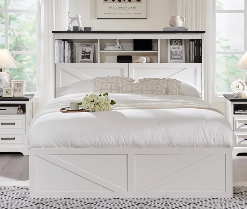 bed frame with headboard and 3 storage drawers, upholstered platform bed with charging station, steel slat support, no box spring needed, easy assembly color: white, size: king