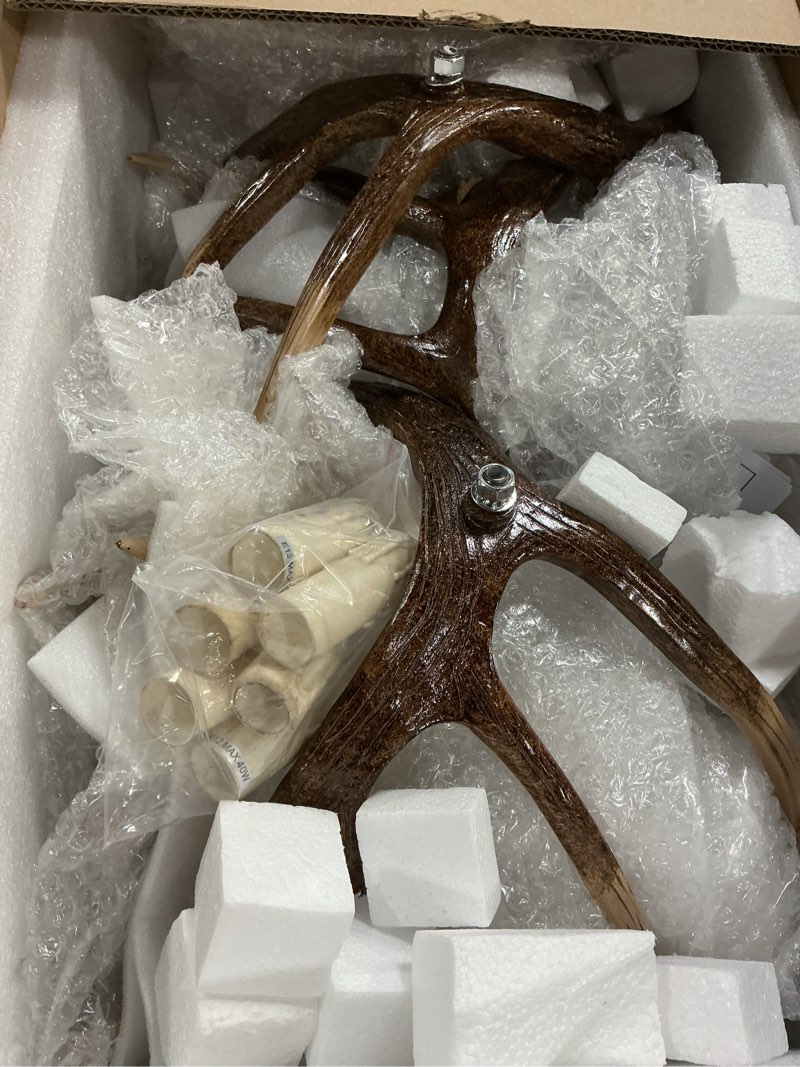 Condition photo showing As Is for Antler Chandelier Lighting 6-Light,Brown Rustic Rural Style Antler Chandelier Light Fixtures, Resin Faux Deer Farmhouse Light for Dining Room Kitchen Island Entryway (6 Lights +3arms)