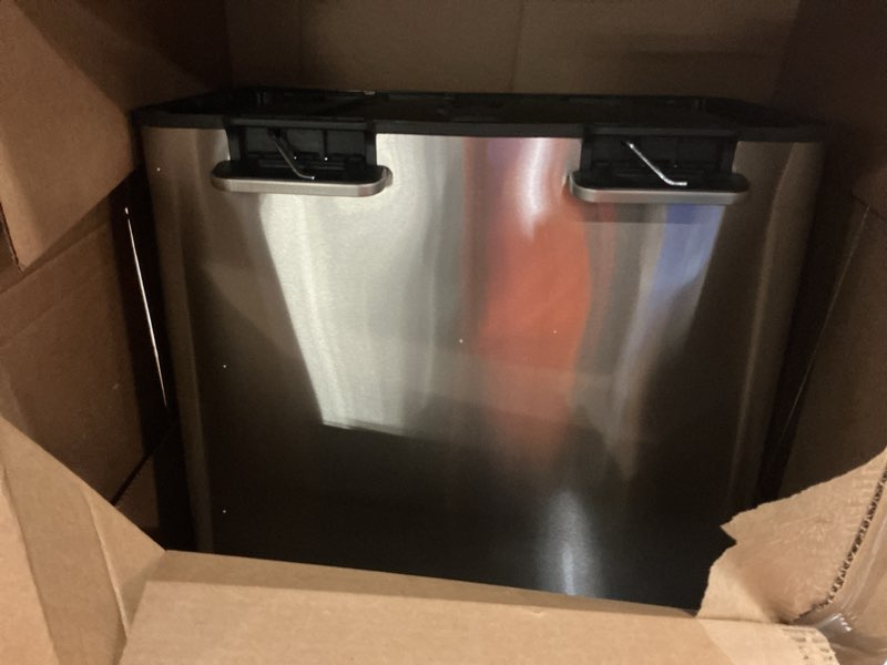 Condition photo showing As Is for Garvee Trash Can, 2 x 10.6 gal (2 x 40 L) Garbage Can for Kitchen Dual Compartment Recycling Kitchen Step Trash Bin, Stainless Steel Trash and Recycle Bin Combo with Soft-Close Lid,Silver Silver 2 x 10.6 Gallon