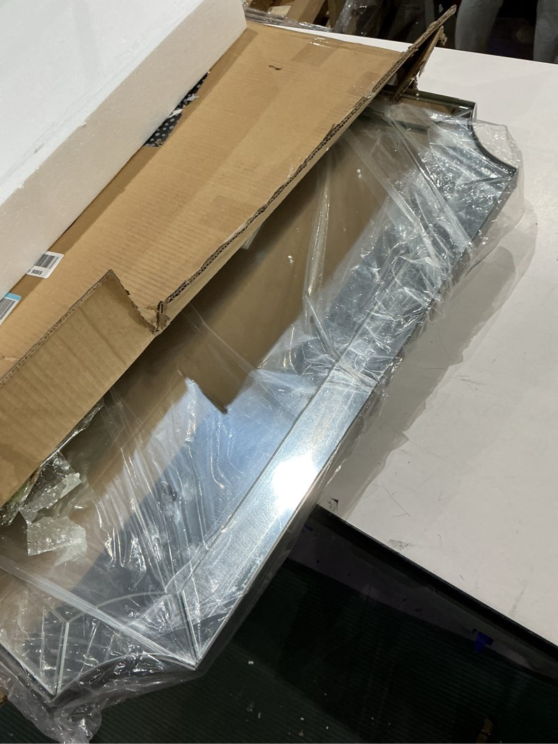 Condition photo showing Good Condition for moon mirror brushed nickel mirror, 22x30 scalloped bathroom mirror, silver vanity mirror in anti-rust stainless steel, notched mirrors with delicate tessellated glass, wall-mounted horizontal/vertical brushed nickel 30"l x 22"w