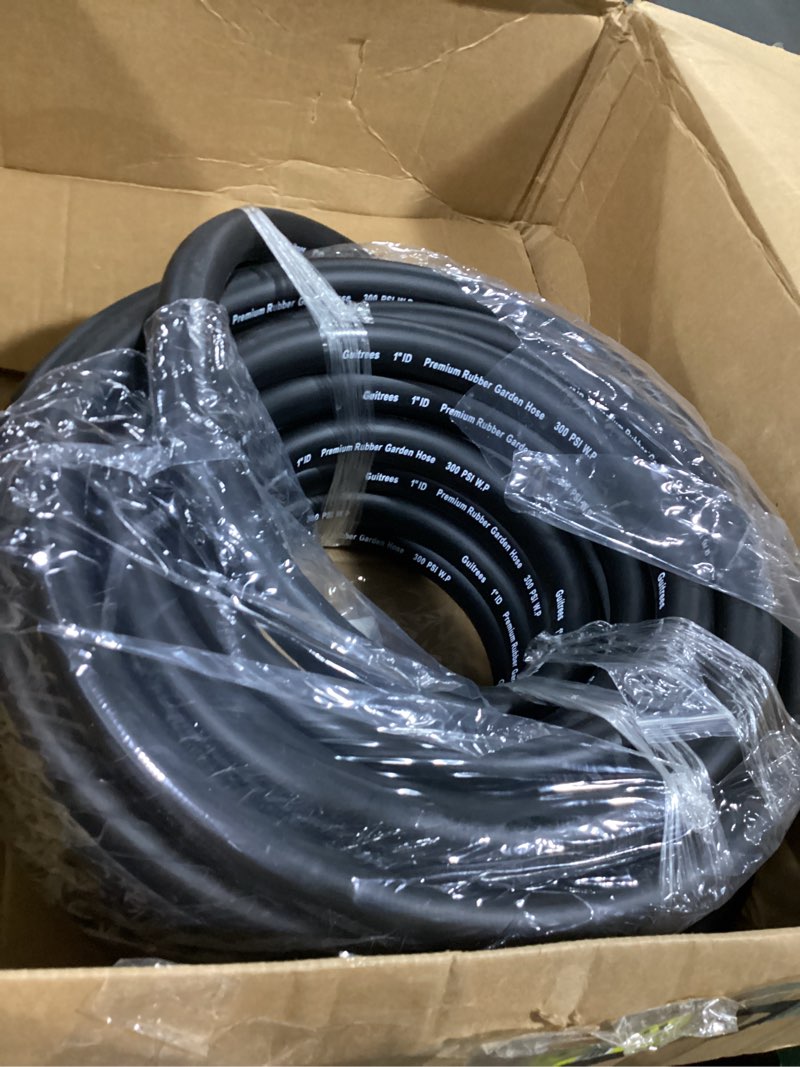 Condition photo showing As Is for guitrees 100ft ×1 inch heavy duty rubber garden hose - 200psi working, 1000psi burst - hot/cold water - five-layered braiding for durability - versatile for gardening, agriculture, construction(black) 1"× 100' black