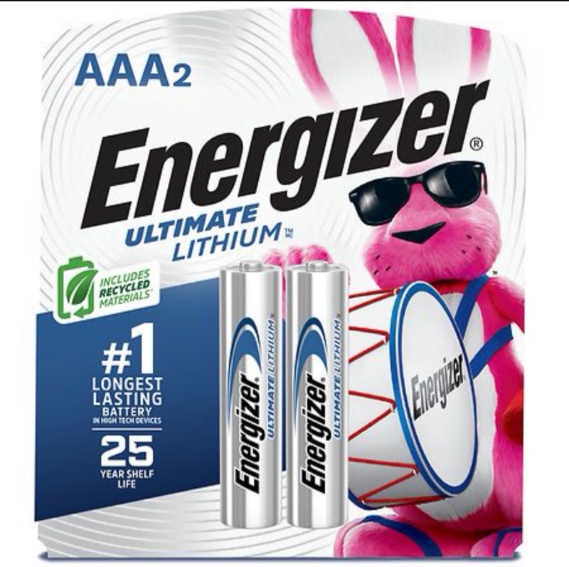 Energizer 2pk Ultimate Lithium AAA Batteries: Household Single-Use, 1.5V, Metallic Silver