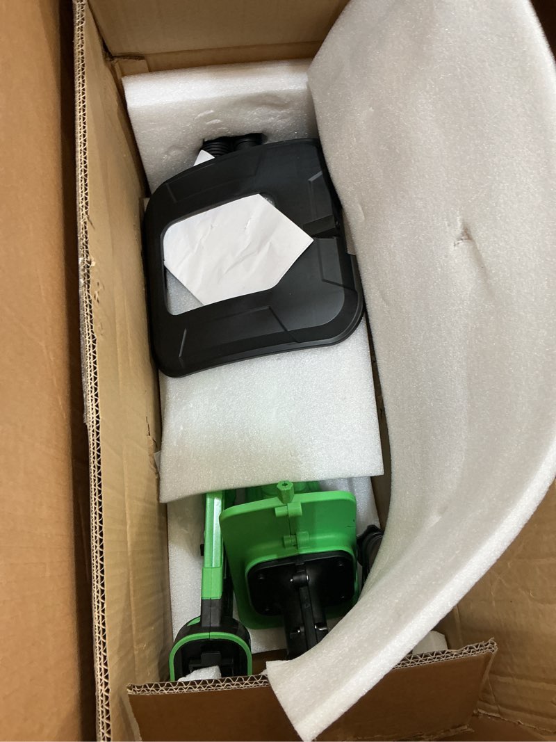 Condition photo showing As Is for cordless tiller cultivator, 360rpm battery powered garden cultivator, with 2 * 4.0ah batteries & charger, 9in tilling width & 6in depth tiller for gardening light green
