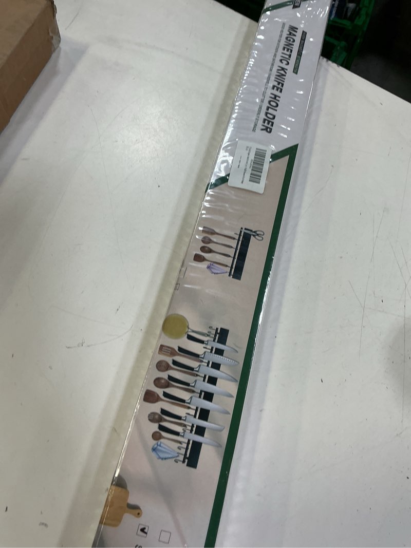 Condition photo showing New/Like New for 23 Inch Magnetic Knife Holder for Wall - Stainless Steel Magnet Knife Strip No Drill with 15 Hooks/Adhesive Tape/Screws, Kitchen Utensil Holder, Magnetic Knife Organizer, Wall Mounted Knife Storage