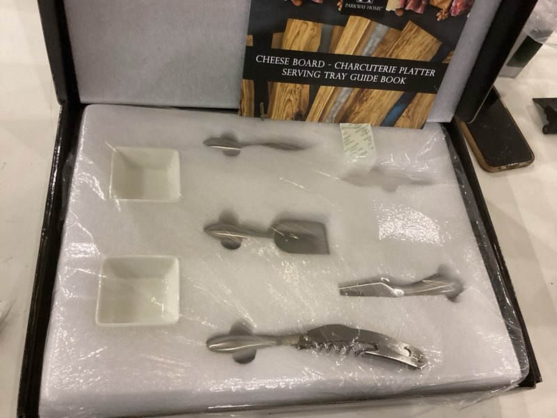 Condition photo showing As Is for Handcrafted Italian Olive Wood Cheese & Charcuterie Board Set with Unique White Pearl Resin Artwork - Cutting Board Comes with 4 Cheese Knives, 2 Dipping Bowls & Corkscrew Wine Opener (White Pearl)