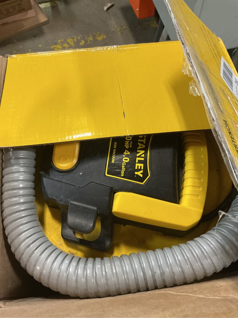 Condition photo showing As Is for stanley ash vacuum cleaner, portable 4 gallon capacity ash vac canister, powerful 4 peak hp horsepower motor, ideal for pellet stoves, bbq grills, wood stoves, fireplaces, fire pits, sl-18184