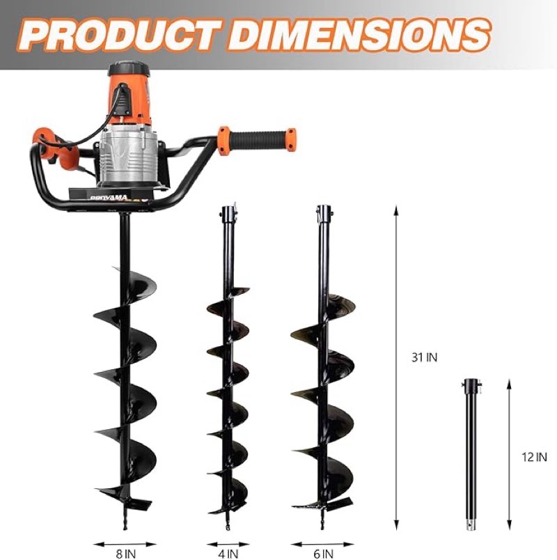 proyama electric post hole digger, 1700w corded earth auger with 4" 6" 8" drill bit, 12" extension rod, reverse control, 5-year warranty gear box, ideal for post hole digging, drilling, tree planting