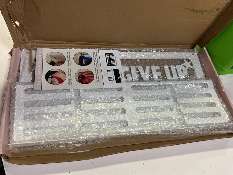 Condition photo showing New/Like New for Medal Hanger Display with Trophy Shelf - Metal Awards Rack for Walls Holds 64+ Sports Medals- Our Never Give Up 16" Medal Holder Awards Trophy Display Never Give Up White