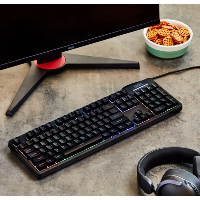 onn wired led gaming keyboard, backlit, gray