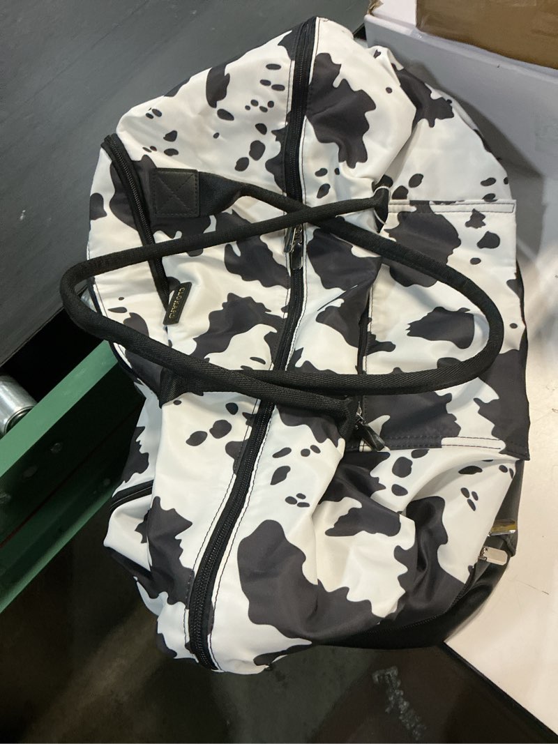 Condition photo showing Good Condition for weekender bags for women, travel duffle bag carry on overnight bag with cosmetics bag and crossbody purse for gym hospital, gifts for women, cow print black cow print black-2 medium
