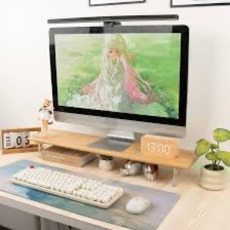 rocdeer bamboo monitor stand riser with acrylic legs for desk, 31.5 inches desktop shelf supports fo