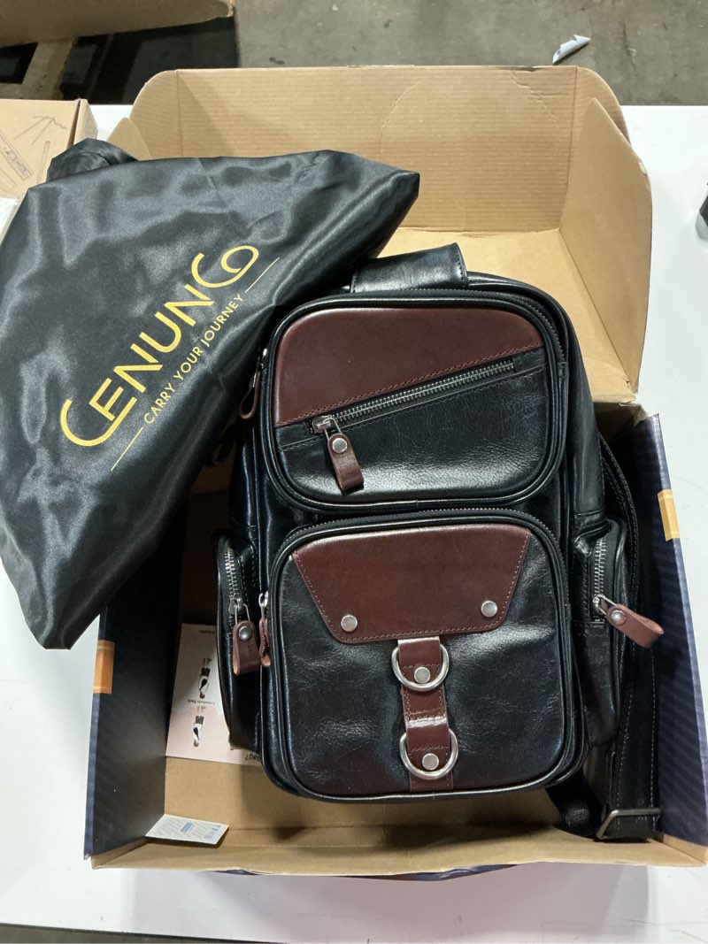 Condition photo showing New/Like New for genuine leather sling bag for men large crossbody shoulder bag casual sling backpack anti-theft travel chest purse black
