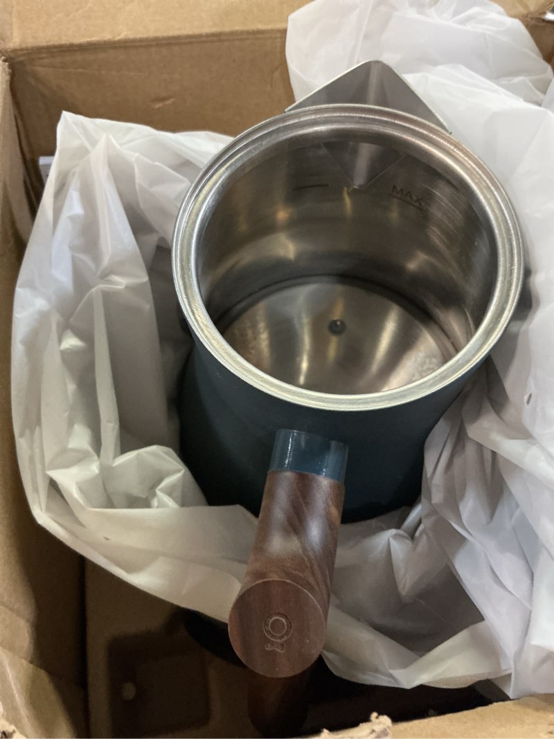 Condition photo showing As Is for fellow corvo ekg pro electric tea kettle - quick heating, precise temperature control electric kettle, scheduling, built-in brew timer for boiling water - stone blue with walnut handle - 0.9 liter stone blue with walnut handle + lid pull corvo ekg pro