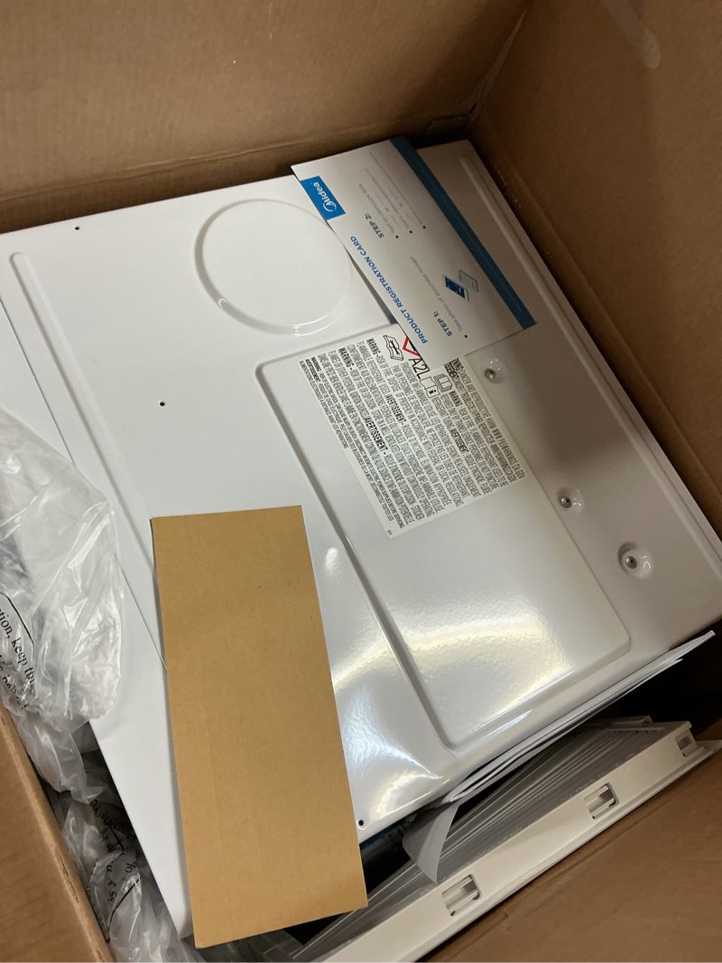 Condition photo showing As Is for midea 8,000 btu smart inverter window air conditioner with app, alexa control, 115v ac unit cools up to 350 sq. ft, quiet operation, energy saving, remote & easy installation kit, white