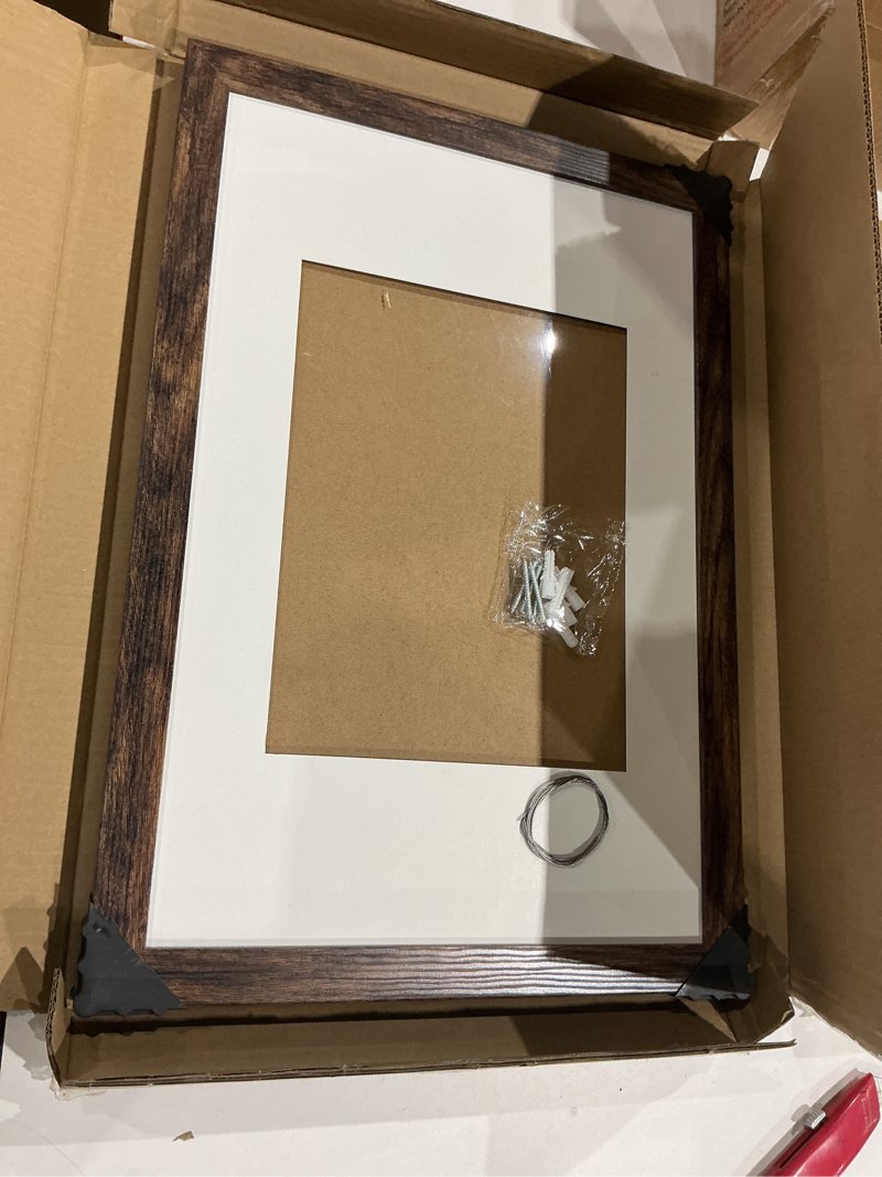 Condition photo showing Good Condition for 12x18 frame set of 2, rustic brown wood style, display 12 x 18 poster without mat or 8.5x11 picture with mat, wall mounting horizontal and vertical rustic brown 12x18 in