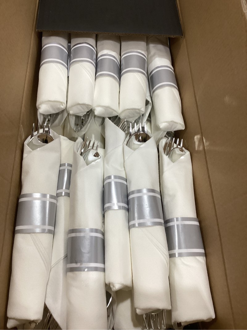 Condition photo showing New/Like New for Supernal 120pack Silver Plastic Silverware,Rolled Plastic Silverware,Pre Rolled Napkins with Cutlery Set,Wrapped Disposable Cutlery Set with Napkin Perfect for Valentine's Day, Mother's Day and Easter 120 Pack Silver
