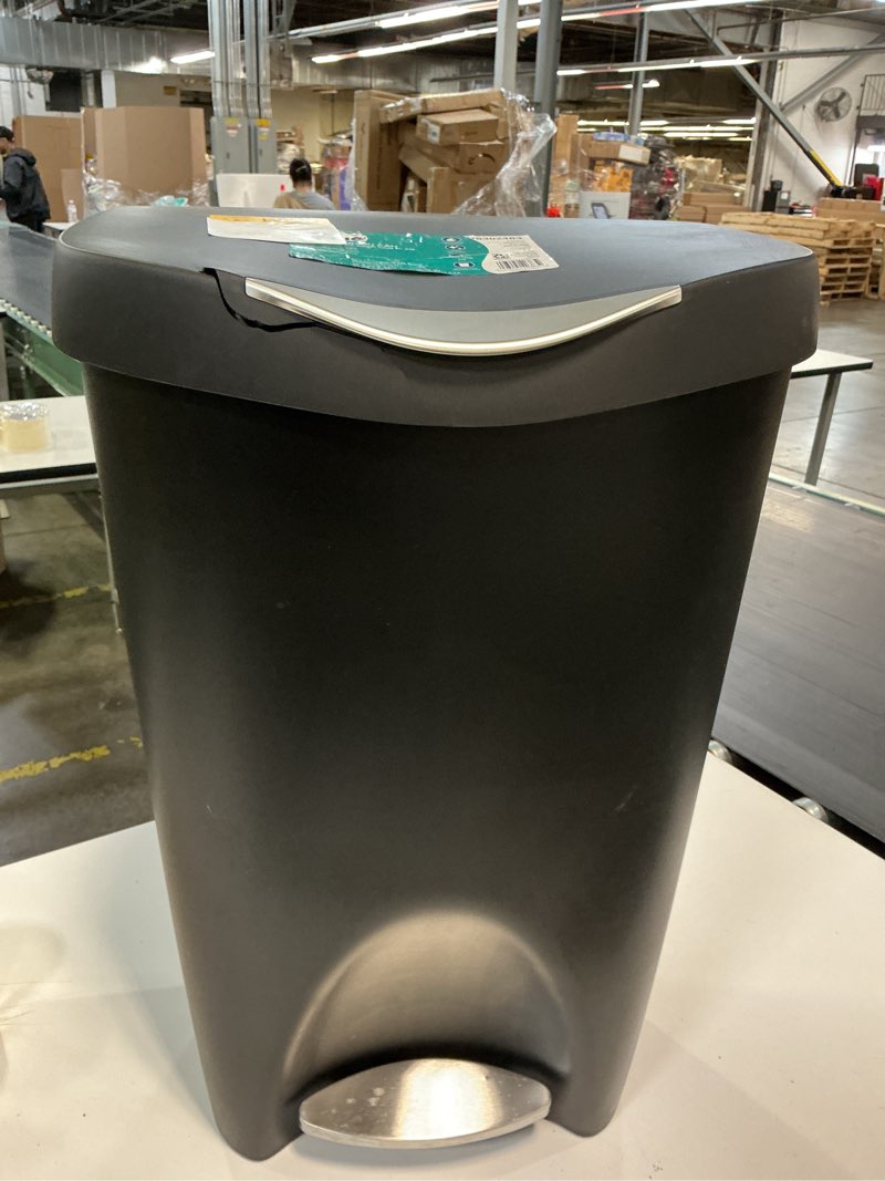 Condition photo showing As Is for moxie 13-gallon black plastic indoor kitchen step trash can