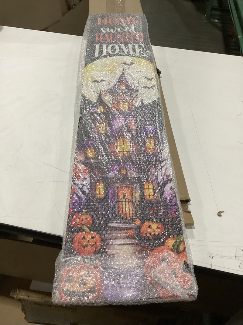 Condition photo showing New/Like New for Spoontiques Haunted Home Porch Sign - Decorative Home Décor Wooden Signs - Rustic Outdoor Decoration - Durable and Weatherproof - Entryway Decoration - 8" x 40"