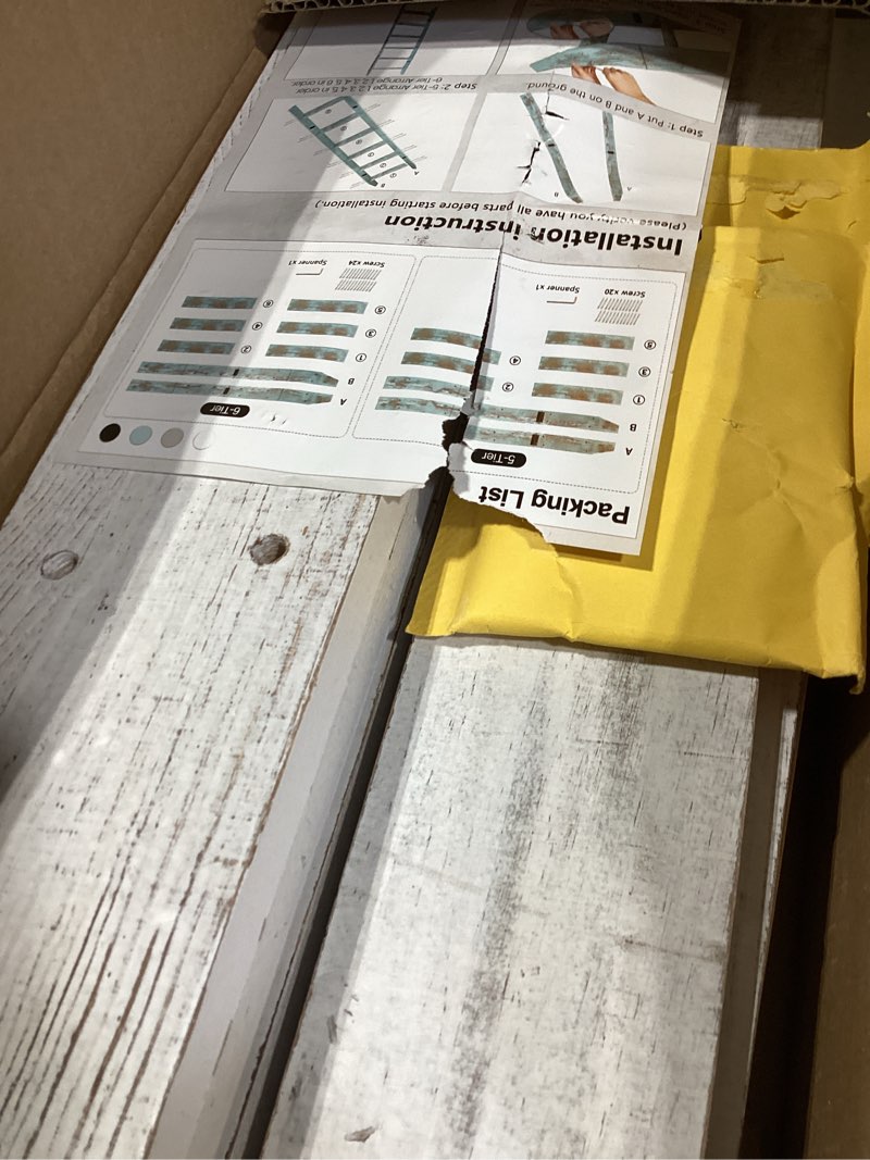 Condition photo showing As Is for honest blanket ladders for the living room, 5-tier blanket holder, wall-leaning blanket rack, ladder shelves, wooden quilt ladder, farmhouse decor, white 51.9" h × 18.1" w × 3.5" d whitewashed