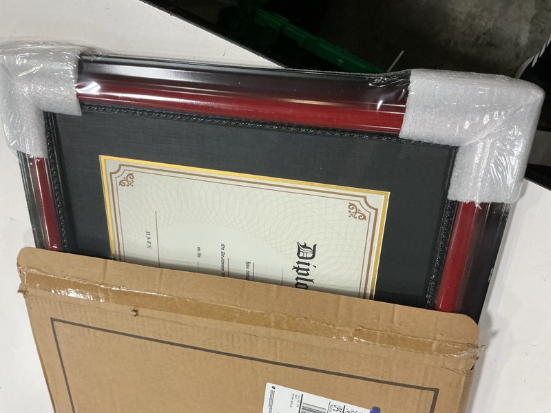 Condition photo showing New/Like New for GMFrames 11x14 Diploma Degree Frame with Red Mat or Display 15x18 Certificates without Mat,Solid Wood,Cherry Finish with Intricate Black Rope Detail,UV Protection Acrylic Cherry / Red Gold Mat 15x18 for 11x14 with Mat