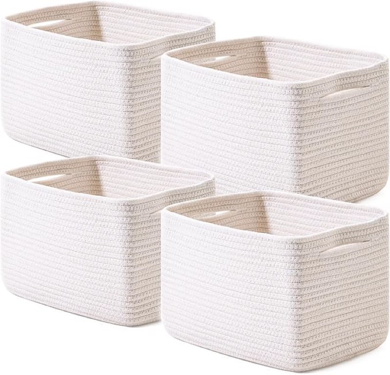 storage baskets for organizing, woven basket for storage, storage baskets bin for shelves, cotton rope basket with handles, 12.5"lx9.1"wx7.9"h, (4 packs) off white