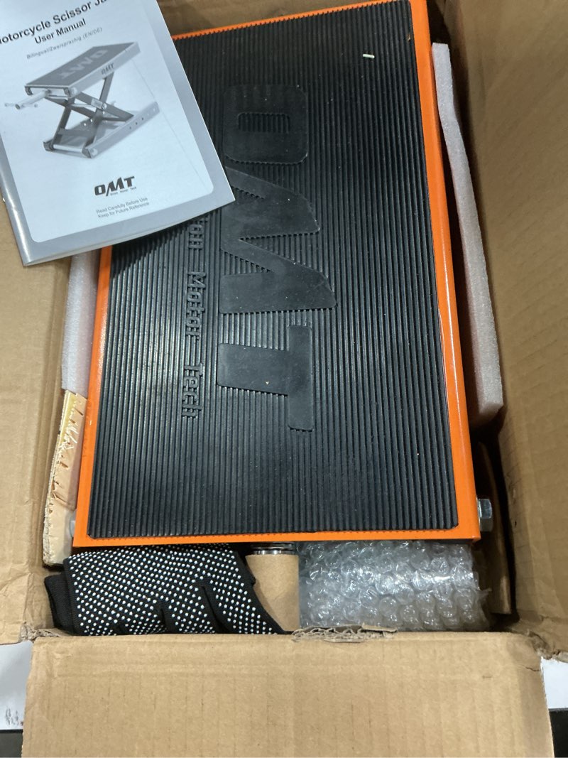 Condition photo showing Good Condition for orion motor tech motorcycle lift, 1100lb scissor lift jack with wide deck t handle 3/8" socket, motorcycle center stand with chain brush, crank hoist stand for atv dirt bike cruiser, orange