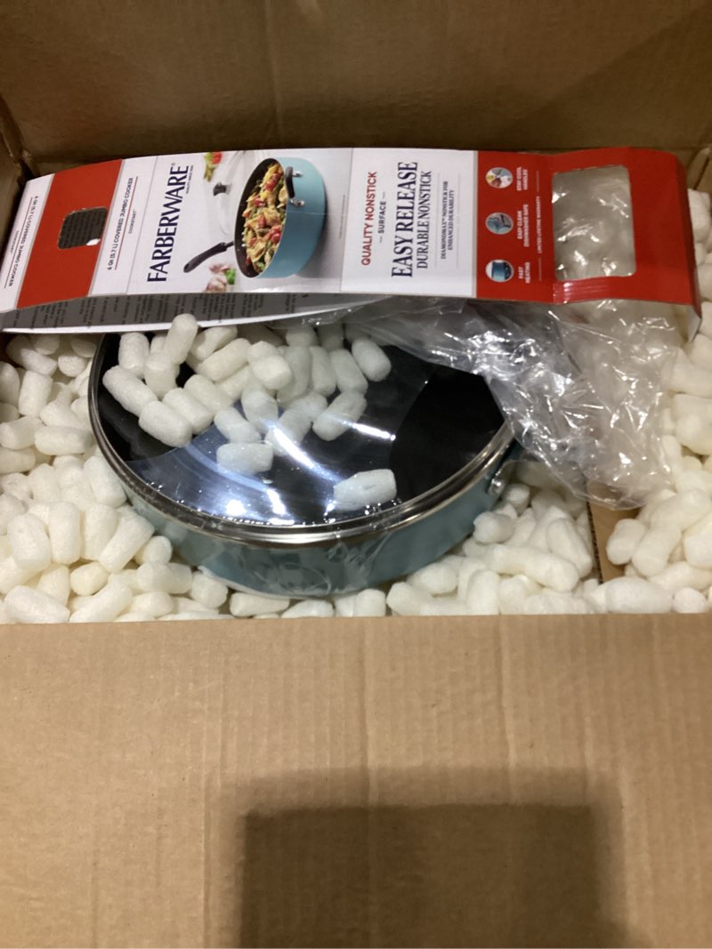 Condition photo showing Good Condition for farberware dishwasher safe nonstick jumbo cooker/saute pan with helper handle - 6 quart, silver champagne cooker (similar to stock )