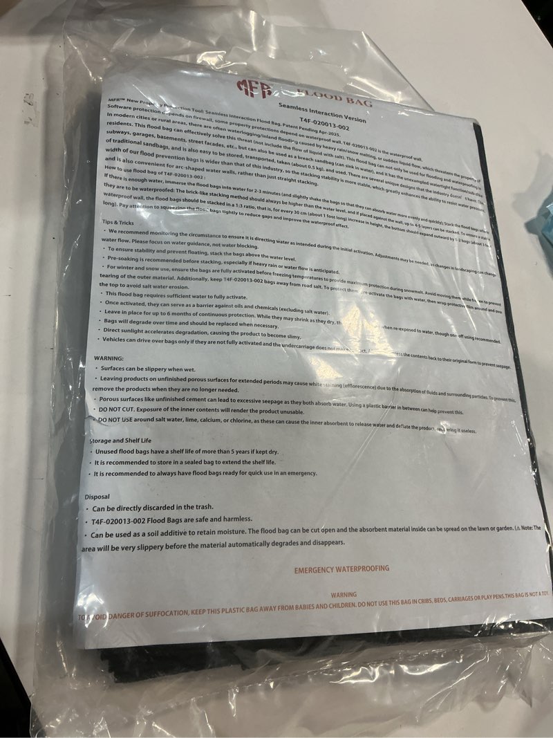 Condition photo showing New/Like New for MFR Water Activated Flood Bags, Sandless Flood Barrier Flood Bags for Home, Doorway, Driveway, Garag