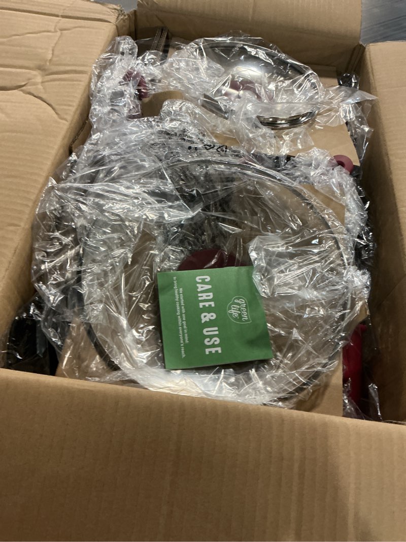 Condition photo showing New/Like New for greenlife 12 piece nonstick cookware set, soft grip non-toxic pfas-free ceramic pots & pans, dishwasher & oven safe, frying, sauce, saute, utensils, glass lids, stay-cool handles, wobble free, red 12  piece cookware set red