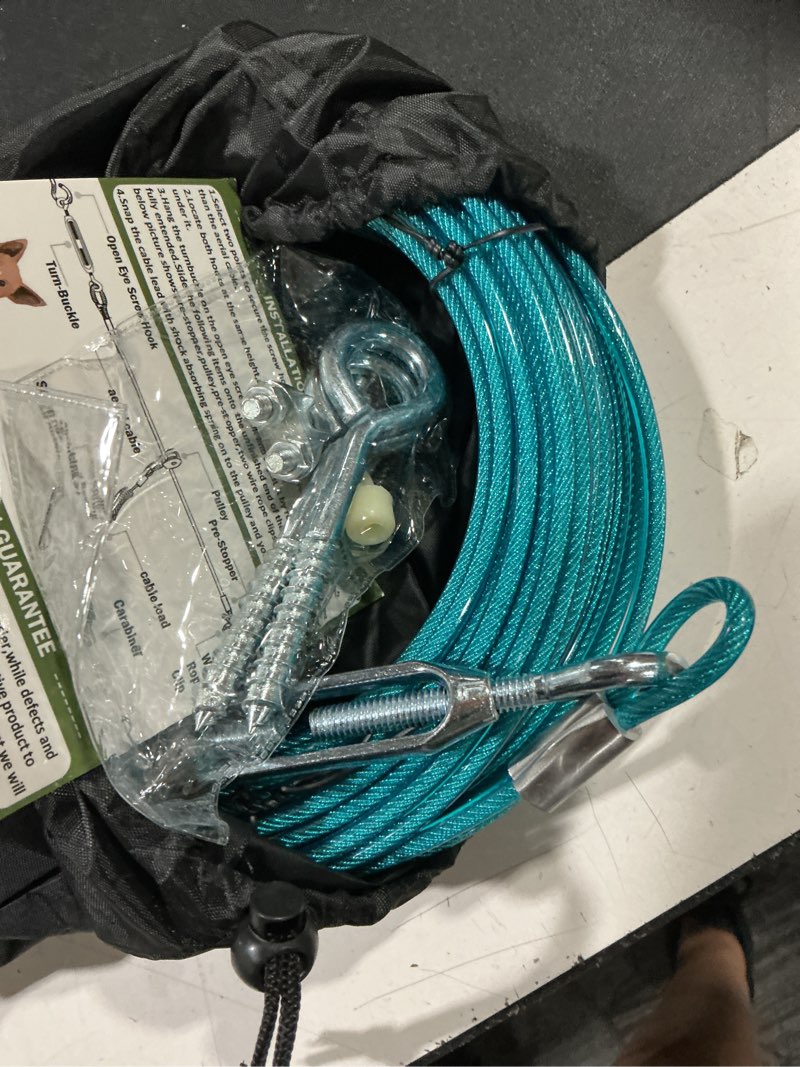 Condition photo showing Good Condition for 100ft dog runner for yard with 15ft tie out cable - heavy duty trolley system for large dogs up to 250lbs, backyard/park/camping use (ice blue, 100ft+15ft) 100ft+15ft ice blue
