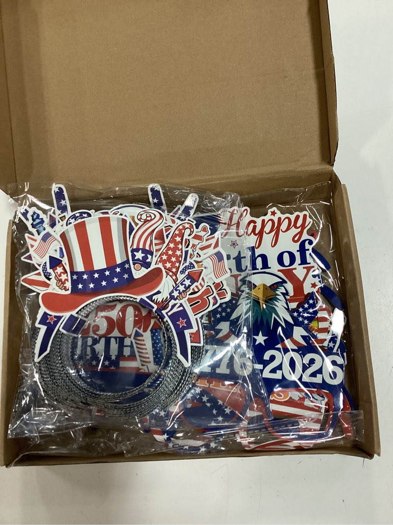 Condition photo showing As Is for pajean 32 pcs 250th anniversary usa party supplies include 16 paper eyeglasses 16 headbands 4th of july patriotic photo booth props for independence day memorial day patriotic party favors decors 32 patriotic