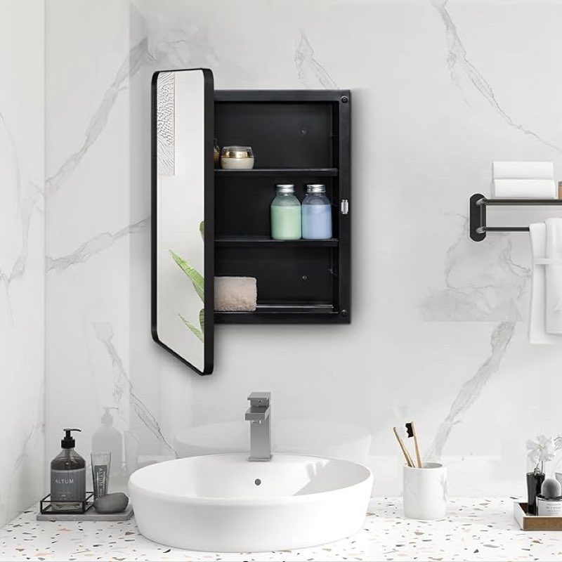 fundin plastic black medicine cabinet, mirror door with round corner metal frame, recessed and surface mount bathroom medicine cabinet, 16 x 22 inch mirror size