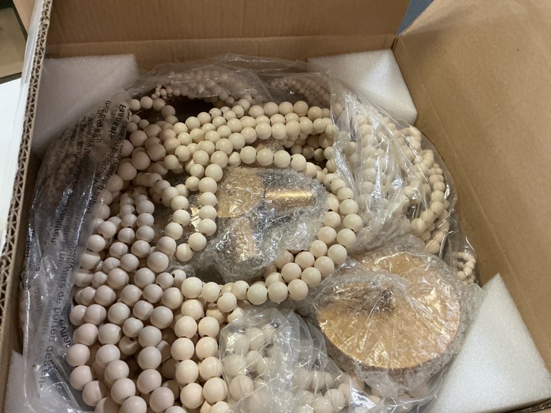 Condition photo showing Good Condition for bohemia wood beaded chandelier - boho 5-light gold and oak finish beaded light fixture for dining, living, bedroom, nursery, girl room, hallway, entryway 19.5" oak white 5-light