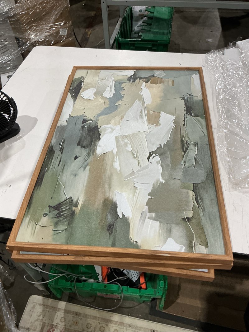 Condition photo showing Good Condition for large abstract green beige framed canvas wall art set,neutral brush stroke watercolor wall painting,modern minimalist artwork for living room,bedroom,dining room,office -16"x24"x3 abstract green beige wall art 24"l x 16"w