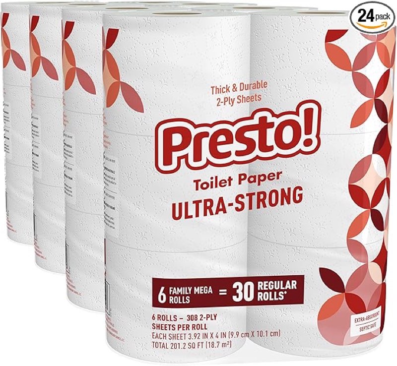Amazon Brand - Presto! Ultra-Strong 2-Ply Toilet Paper, 24 Mega Rolls = 120 Regular Rolls, 308 Sheets Per Roll, Unscented