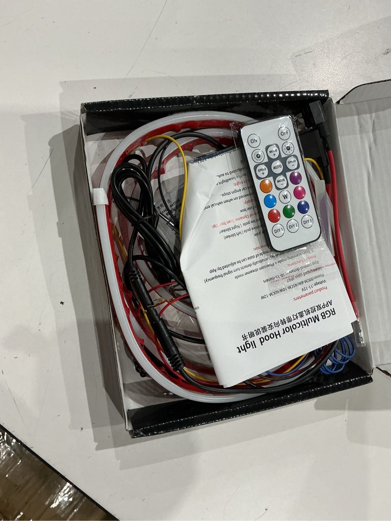 Condition photo showing As Is for rgb hood light strip with sequential turn signal indicator function waterproof multicolor dynamic scan start up hoodbeam kit for cars, truck, suv, with app control, 12v 47inch/1.2m (1set) dynamic multicolor 47 inches