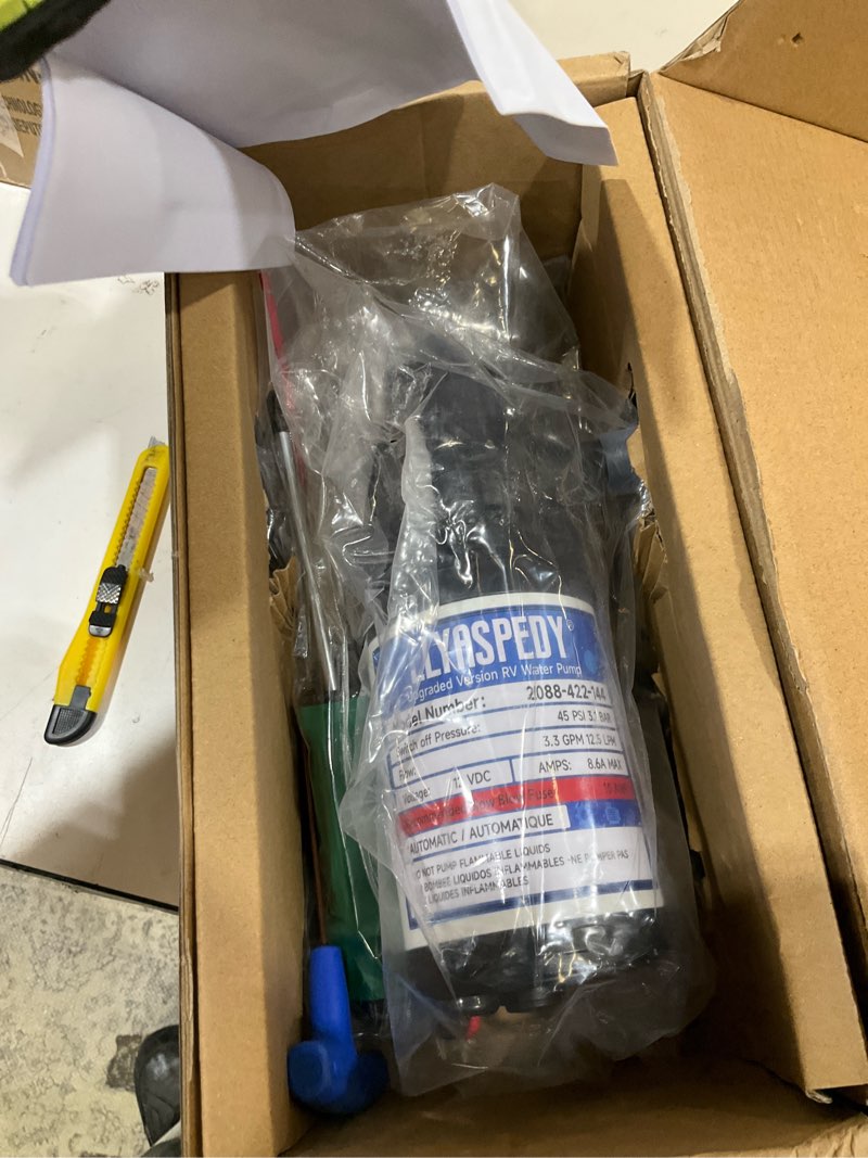 Condition photo showing As Is for elyaspedy 2026 upgraded 2088-422-144 rv fresh water pump,12v 3.3gpm self-priming diaphragm water pump,45psi,includes pressure switch and detachable filters,no noise, for rv, marine, yacht, caravan 12v 422