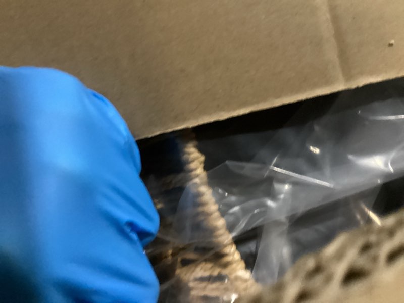 Condition photo showing As Is for Rattan Ceiling Light Fixture, 5-Light Boho Semi Flush Mount Ceiling Light, 20" Wicker Light Fixture with Handmade Woven Cage Lampshade, Rattan Chandelier for Bedroom Hallway Nursery Kitchen Farmhouse Gold 5-Light