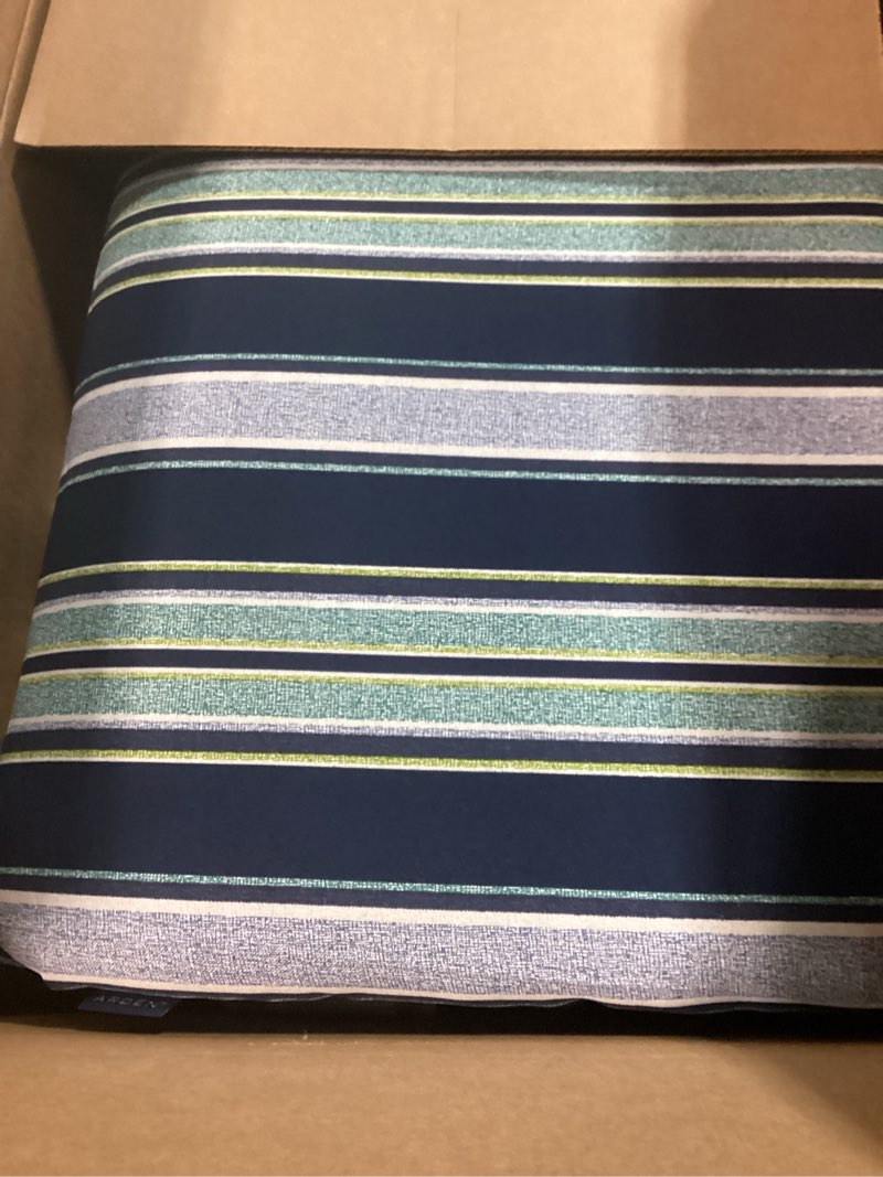 Condition photo showing Good Condition for arden outdoor adirondack or rocking chair cushion, 20 x 17, rain-proof, fade resistant 17 x 20, sapphire aurora blue stripe sapphire aurora blue stripe standard adirondack