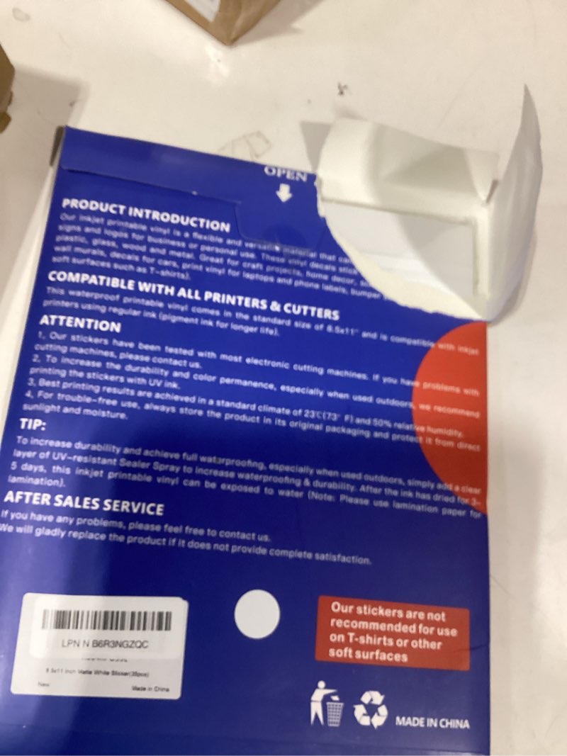 Condition photo showing Good Condition for Similar product 35 sheetsJOYEZA Premium Printable Vinyl Sticker Paper for Inkjet Printer - 25 Sheets Matte White Waterproof, Dries Quickly Vivid Colors, Holds Ink well- Tear Resistant - Inkjet & Laser Printer pack of 25