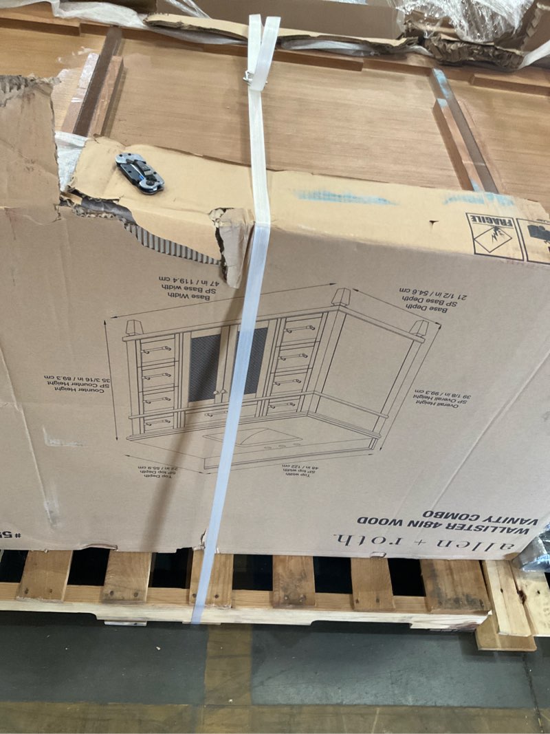 Condition photo showing As Is for allen + roth wallister 48-in golden oak undermount single sink bathroom vanity