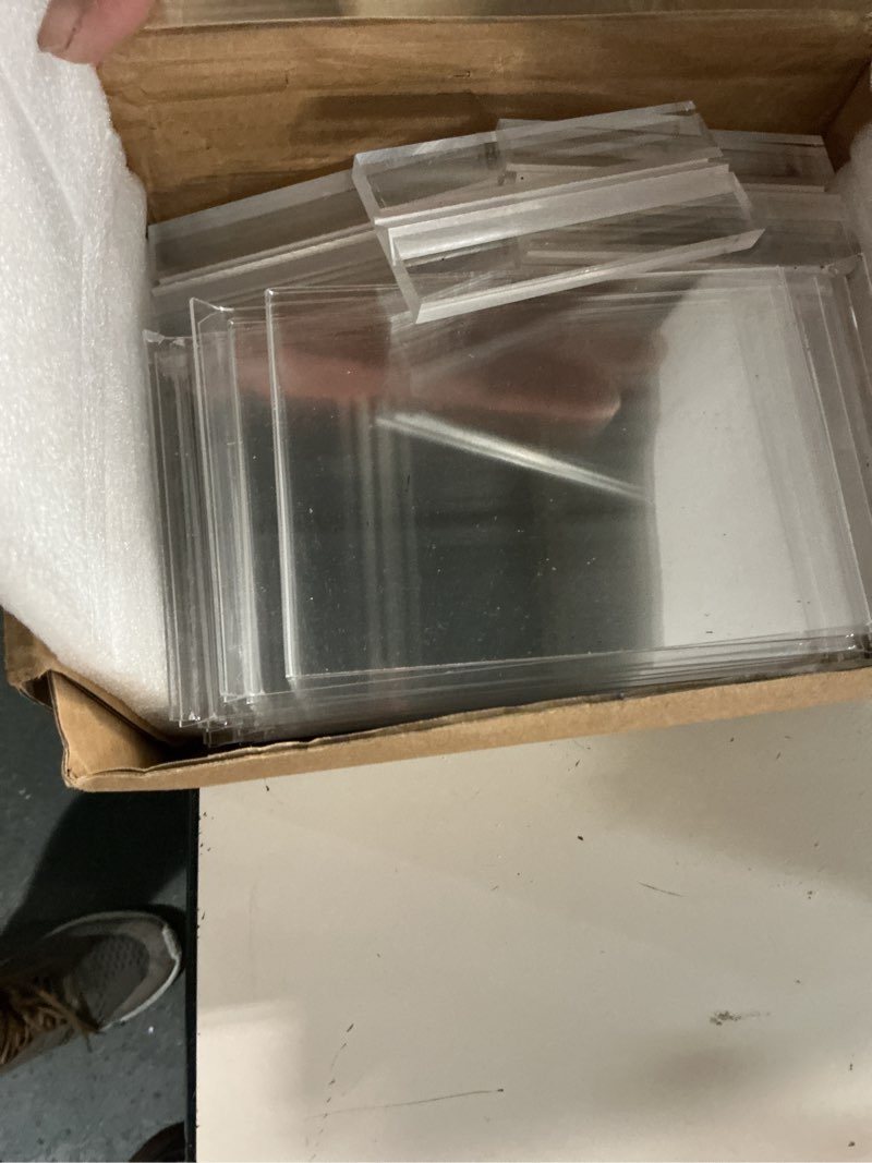 Condition photo showing Good Condition for acrylic sign holder 4x6, 15 pack clear double sided menu vertical display stand, desktop paper holder suitable for restaurants, office, store, show fair vertical 15 pack 4x6